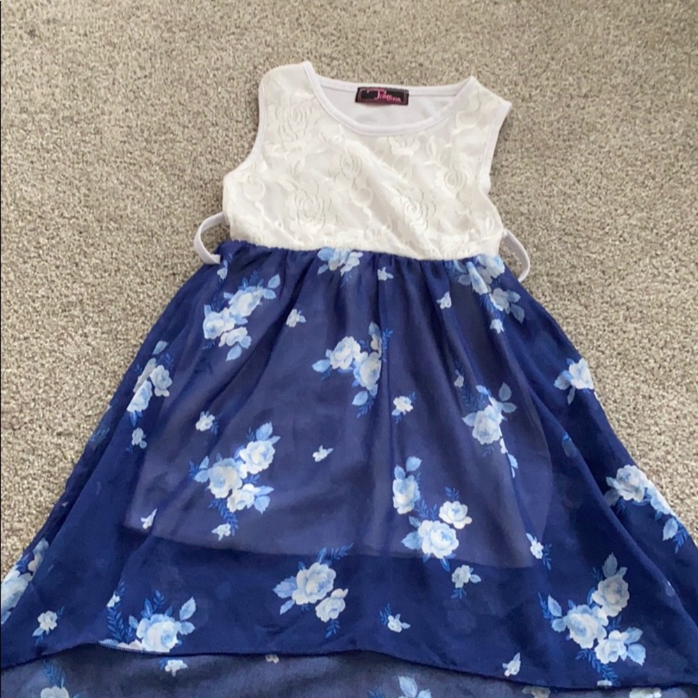 Blue and white floral dress.